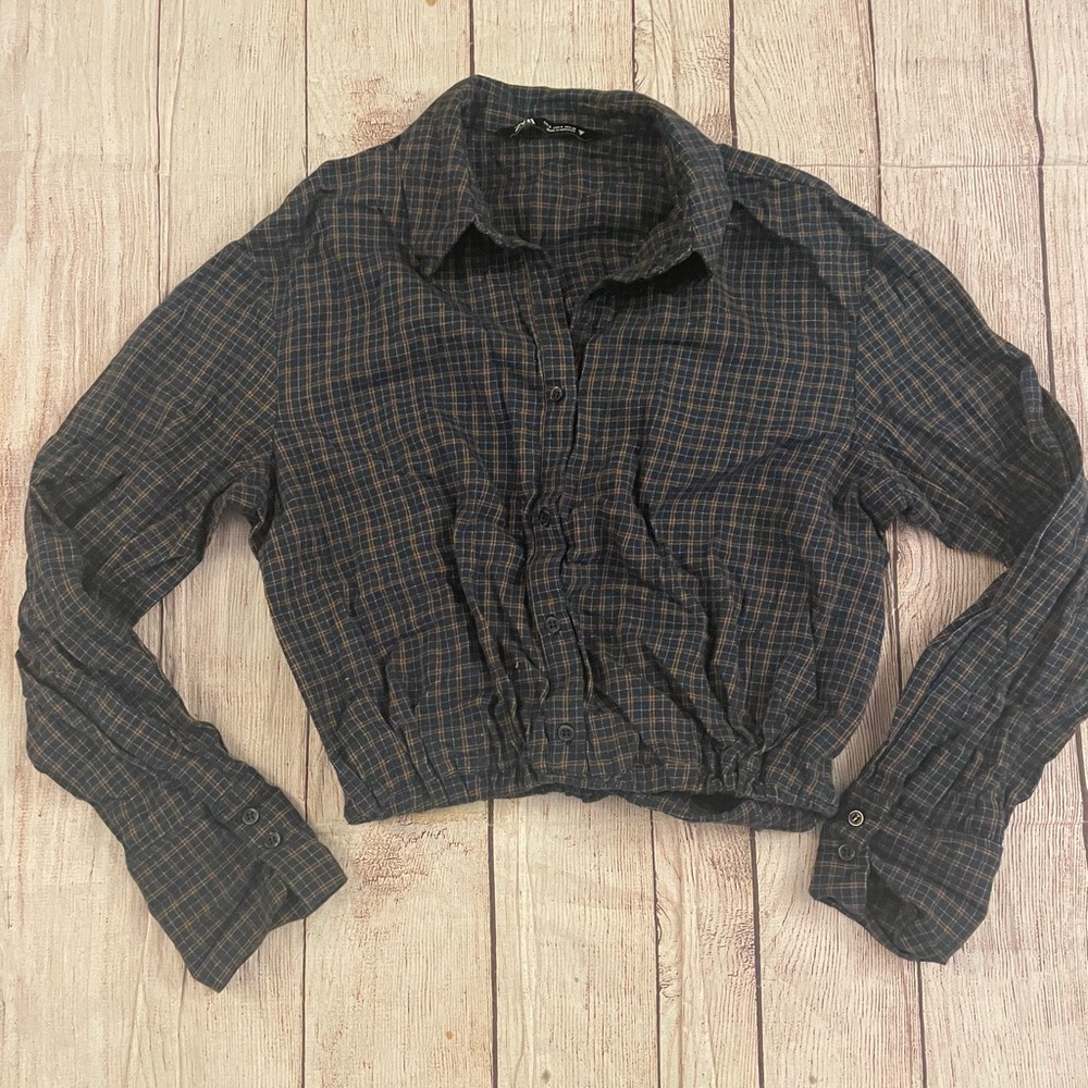 Zara Button-Down Plaid Flannel Collared Elastic Hem Crop Shirt Top Size S